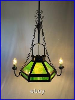 REWIRED Antique Vtg Arts Crafts Mission Chandelier Green Panel Slag Glass Tudor