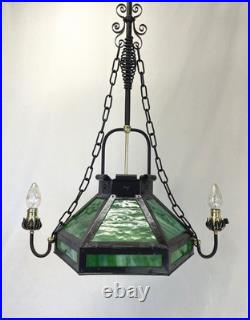 REWIRED Antique Vtg Arts Crafts Mission Chandelier Green Panel Slag Glass Tudor