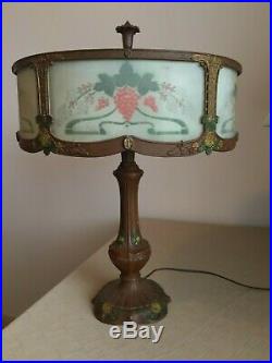 Rainaud Lamp 5 panel reverse painted slag glass lamp early 20th century