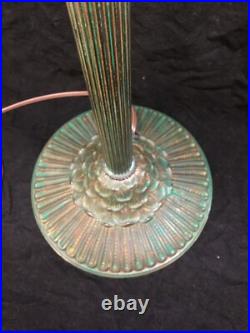 Rainaud Lamp Base Patinaed Green, for Slag Glass Reverse Painted Shade Antique