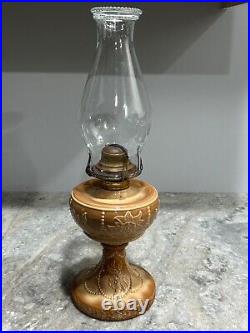 Rare 1880's Antique Greentown Chocolate Glass Wildrose Kerosene Oil Lamp