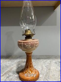 Rare 1880's Antique Greentown Chocolate Glass Wildrose Kerosene Oil Lamp