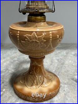 Rare 1880's Antique Greentown Chocolate Glass Wildrose Kerosene Oil Lamp