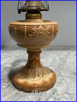 Rare 1880's Antique Greentown Chocolate Glass Wildrose Kerosene Oil Lamp