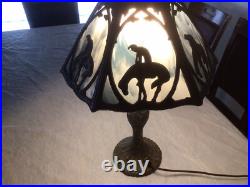 Rare 1920's Six Panel End of the Trail Table Lamp Blues and Grays Slag Glass
