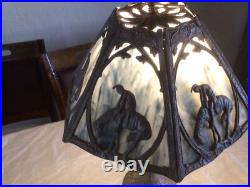 Rare 1920's Six Panel End of the Trail Table Lamp Blues and Grays Slag Glass