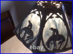 Rare 1920's Six Panel End of the Trail Table Lamp Blues and Grays Slag Glass
