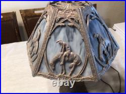 Rare 1920's Six Panel End of the Trail Table Lamp Blues and Grays Slag Glass