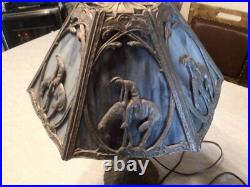 Rare 1920's Six Panel End of the Trail Table Lamp Blues and Grays Slag Glass