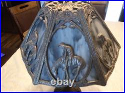 Rare 1920's Six Panel End of the Trail Table Lamp Blues and Grays Slag Glass