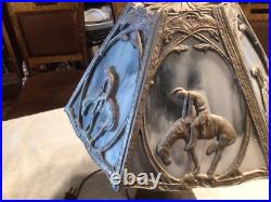 Rare 1920's Six Panel End of the Trail Table Lamp Blues and Grays Slag Glass