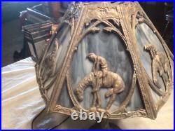 Rare 1920's Six Panel End of the Trail Table Lamp Blues and Grays Slag Glass