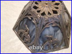 Rare 1920's Six Panel End of the Trail Table Lamp Blues and Grays Slag Glass