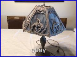 Rare 1920's Six Panel End of the Trail Table Lamp Blues and Grays Slag Glass