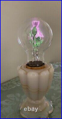 Rare Aerolux Light Bulb & Akro Slag Glass Base 3 Flowers Pink Green WORKS Vtg