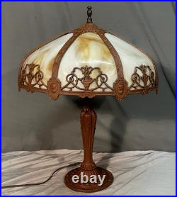 Rare Antique Arts & Crafts Bradley & Hubbard 8 Panel Slag Glass Lamp