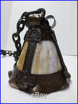 Rare Antique Arts & Crafts Pendant Light With Slag Glass