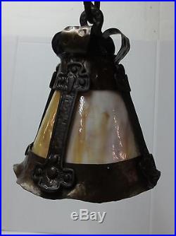 Rare Antique Arts & Crafts Pendant Light With Slag Glass