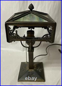 Rare Antique Bradley & Hubbard Slag Glass Scenic Overlay Table Lamp Circa 1905