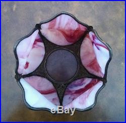 Rare Antique Cranberry Swirl Curved Slag Glass Shade, Roses & fleur-de-lis