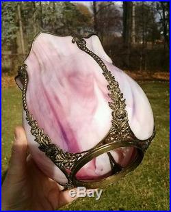 Rare Antique Cranberry Swirl Curved Slag Glass Shade, Roses & fleur-de-lis
