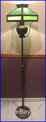 Rare Antique Mission Slag Glass Frame Lamp Shade And Brass Floor Lamp