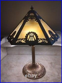 Rare Antique RAINAUD Arts and Crafts Table Lamp Hexagon Caramel Slag Glass Shade
