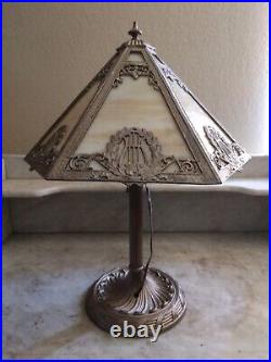 Rare Antique RAINAUD Arts and Crafts Table Lamp Hexagon Caramel Slag Glass Shade
