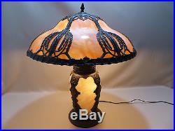 Rare Antique Slag Glass Panel Art Nouveau Lamp with Lighted Base Handel B&H Era