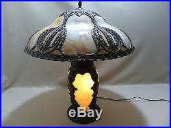 Rare Antique Slag Glass Panel Art Nouveau Lamp with Lighted Base Handel B&H Era