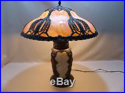 Rare Antique Slag Glass Panel Art Nouveau Lamp with Lighted Base Handel B&H Era