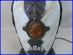 Rare Antique Slag Glass Panel Art Nouveau Lamp with Lighted Base Handel B&H Era