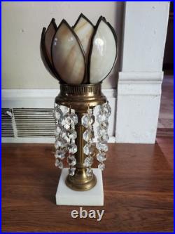 Rare Antique Vintage Slag Glass Victorian Table Lamp Marble Base Crystal Prisms Rare Antique Vintage Slag Glass Victorian Table Lamp Marble Base Crystal Prisms