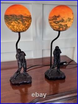 Rare Art Deco Golfer Table lamps Slag Glass Globe bronze figurines 16.5 tall