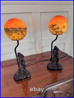 Rare Art Deco Golfer Table lamps Slag Glass Globe bronze figurines 16.5 tall