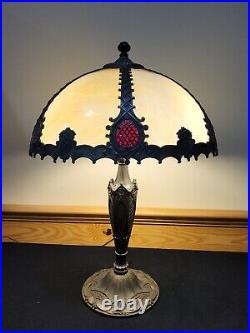 Rare Atq Signed Salem Bros Red & Carmel Bent Slag Glass Handel Era Lamp Light