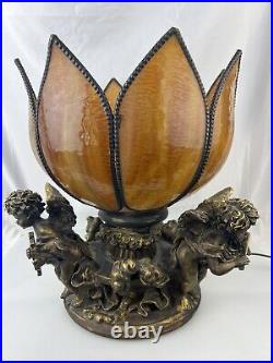 Rare Cherub Table Lamp Slag Glass Tulip Shade Art Nouveau