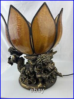 Rare Cherub Table Lamp Slag Glass Tulip Shade Art Nouveau