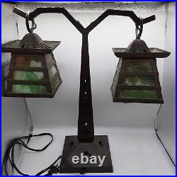 Rare Handel Arts & Crafts Wrought Bronze Lantern Table Lamp 1910
