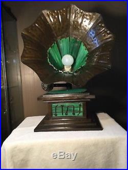 Rare Vintage C. 1940's Hand Formed Metal And Green Slag Glass Victrola Table Lamp