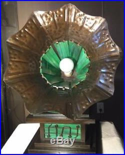 Rare Vintage C. 1940's Hand Formed Metal And Green Slag Glass Victrola Table Lamp