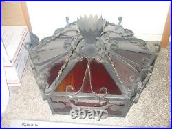 Rare Vintage Wrought Iron Spanish Red Slag Glass Hanging Lamp Wow