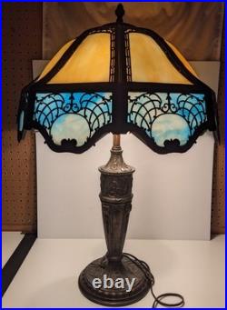 Read VTG Slag Glass Electric Metal Lamp Caramel & Blue 2 Tone 28 Tall