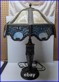 Read VTG Slag Glass Electric Metal Lamp Caramel & Blue 2 Tone 28 Tall