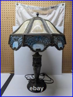 Read VTG Slag Glass Electric Metal Lamp Caramel & Blue 2 Tone 28 Tall