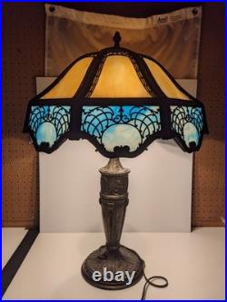 Read VTG Slag Glass Electric Metal Lamp Caramel & Blue 2 Tone 28 Tall