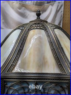 Read VTG Slag Glass Electric Metal Lamp Caramel & Blue 2 Tone 28 Tall