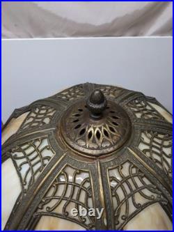 Read VTG Slag Glass Electric Metal Lamp Caramel & Blue 2 Tone 28 Tall