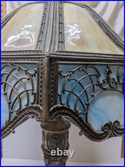 Read VTG Slag Glass Electric Metal Lamp Caramel & Blue 2 Tone 28 Tall
