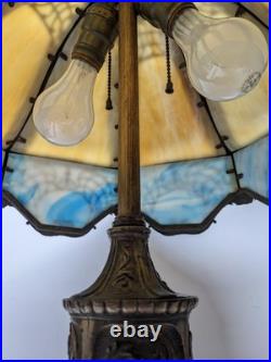 Read VTG Slag Glass Electric Metal Lamp Caramel & Blue 2 Tone 28 Tall